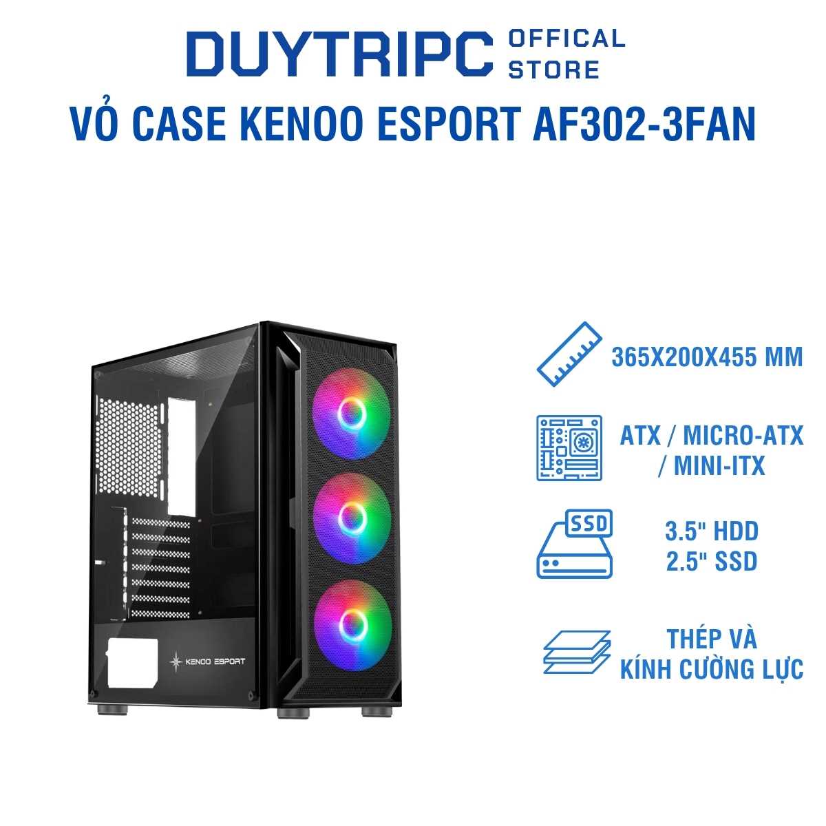 Vỏ Case Kenoo ESPORT AF302-3F – Gaming Mid Tower Kính Cường Lực, Tặng 3 Fan RGB, Tản Nhiệt Tối Ưu, Giá Tốt